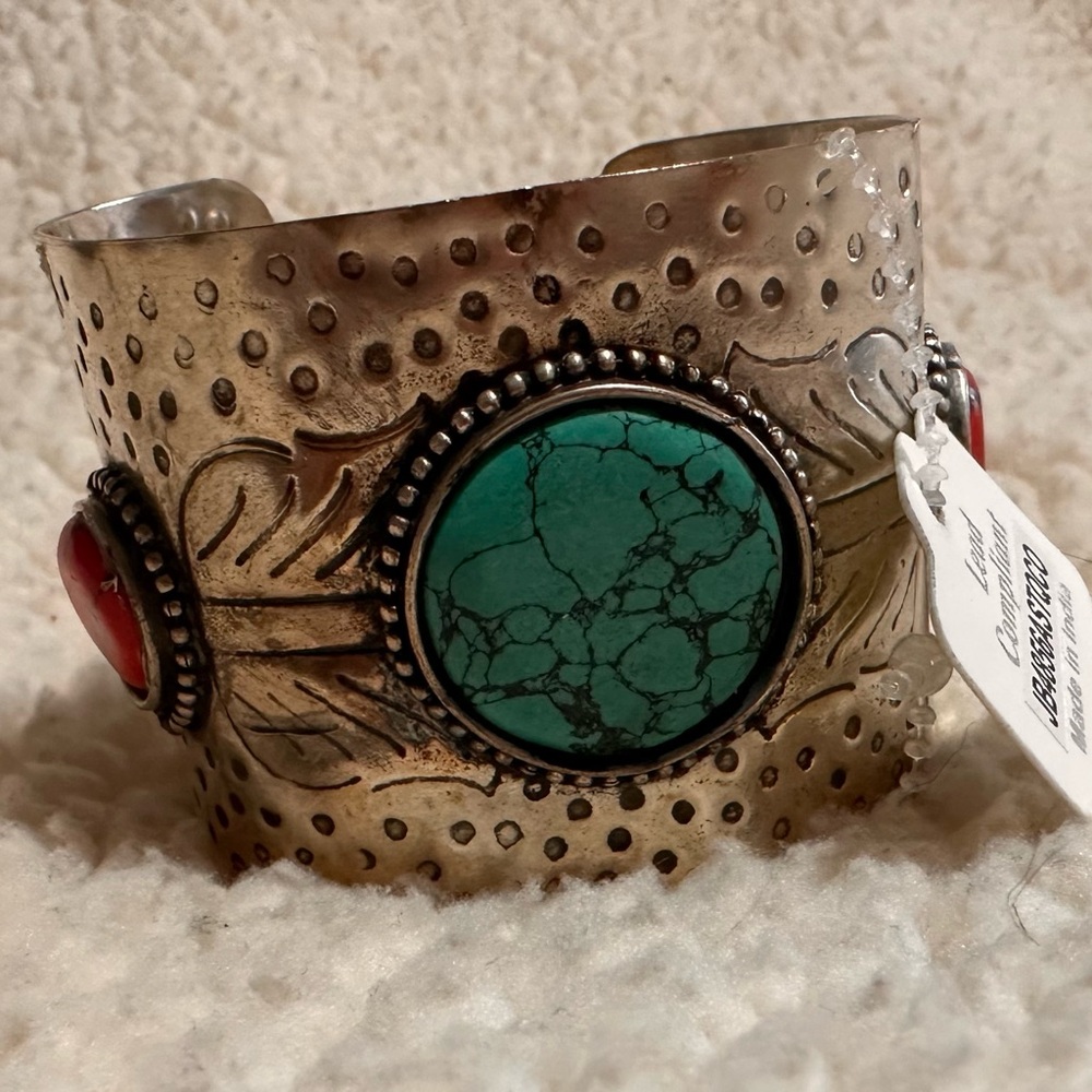 Stamped Silver Tone Wide Cuff Bracelet Native Floral Design Stones vintage - Picture 6 of 15